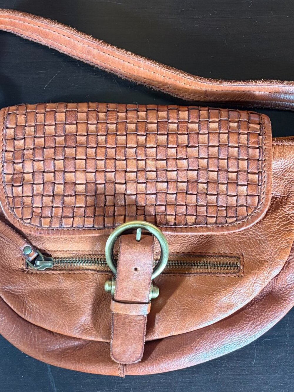 Marta Ponti Cognac Leather Basketweave Purse Brown w/ Brass Color Hardware - GUC